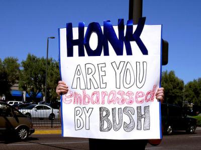Embarassed by Bush - protest sign in Phoenix, Arizona
