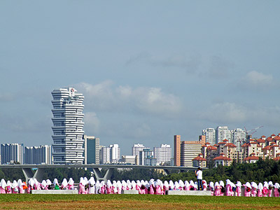 School children viewing the skyline around Kallang Basin from the Marina Barrage - Singapore