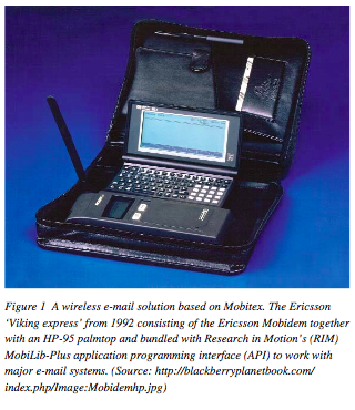 The Ericsson &quot;Viking express&quot; from 1992 consisting of the Ericsson Mobidem together with an HP-95 palmtop and bundled with Research in Motion's MobiLib-Plus application programming interface.