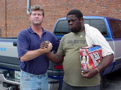 Jeff and a new friend bond over the best of beverages - beer