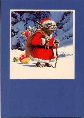 The 1981 Card featured a painting by Ralph McQuarrie of Yoda wearing a Santa outfit