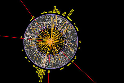 Eine Spur des Higgs-Teilchens: Bei den roten Linien handelt es sich um Myonen, die über eine Kaskade von Zerfällen aus dem Higgs-Boson entstehen können. Da andere Prozesse jedoch eine ähnliche Signatur hinterlassen, müssen Physiker unzählige solcher Ereignisse analysieren, um die Existenz des Higgs-Bosons mit ausreichender Wahrscheinlichkeit zu beweisen.Copyright: Atlas Collaboration, cern.ch