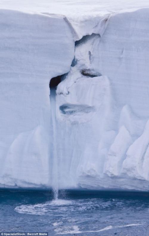 Haunting face crying a river of tears as glacier melts into the sea