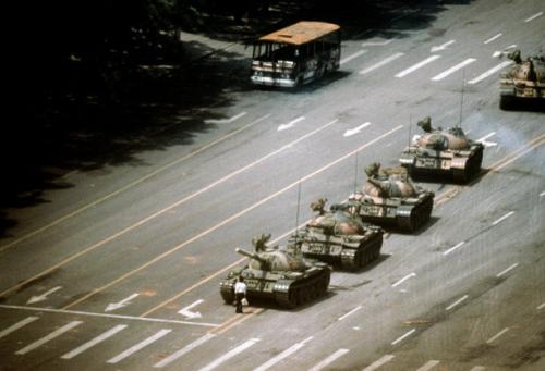 BEIJING—“Tank Man” stops a column of T-59 tanks, June 4, 1989.