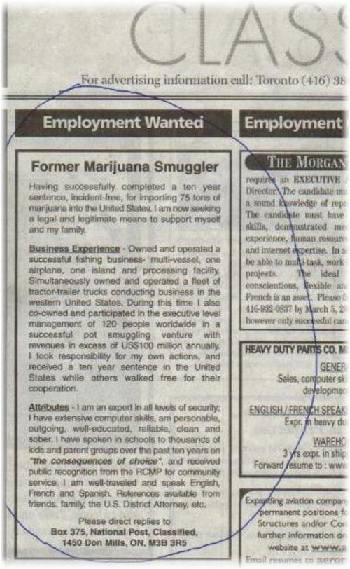 Dope-smuggler's &quot;job-wanted&quot; ad