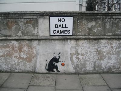 Found just below a &quot;no ball games&quot; sign in Gloucester Gardens, central London, the graffiti showed a mischievous rat playing with a ball.