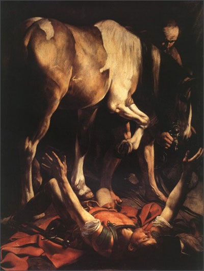 Michelangelo Merisi (alias Caravaggio) 1571-1610: Bekehrung des Paulus. Saulus, der Christenverfolger, ist auf dem Weg nach Damaskus, als er vom         Pferd fällt, nachdem er die Stimme Jesu hört und für kurze         Zeit erblindet.