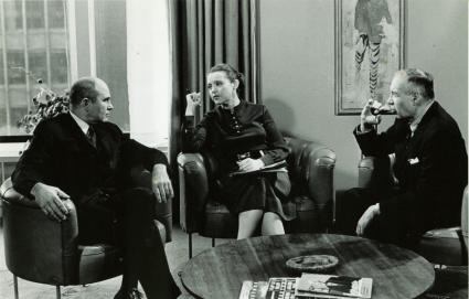 Robert V. Hansberger, Elizabeth Hall and Peter Drucker discussing the role of business in an era of environmental concern.