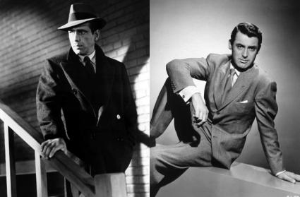 Bogart on a stair, Grant on a table, wearing suits and ties