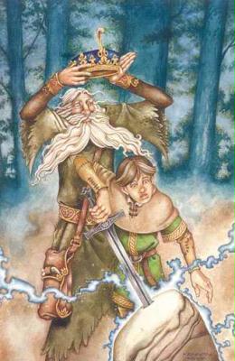 An illustration of Arthur drawing the sword from the stone, as Merlin looks on.