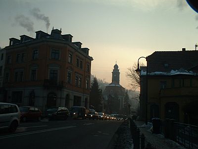 Morgennebel im Winter mit Blick zur Loschwitzer Kirche