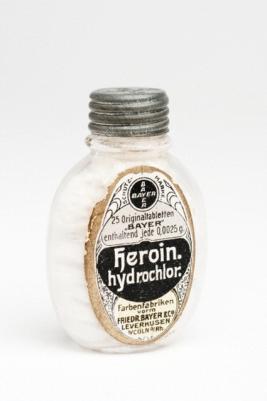 Bayer Company Heroin, Glass bottle and contents, Bayer, Germany, around 1900. Royal Pharmaceutical Society of Great Britain